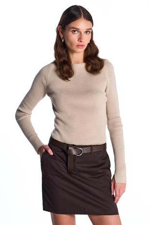 Beige Long Sleeve Ribbed Sweater