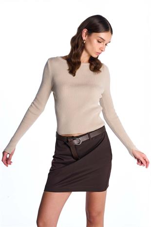 Beige Long Sleeve Ribbed Sweater