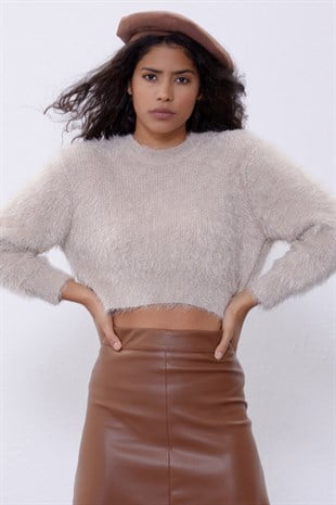 Beige Long Sleeve Fluffy Knit Sweater SWK4499BJ