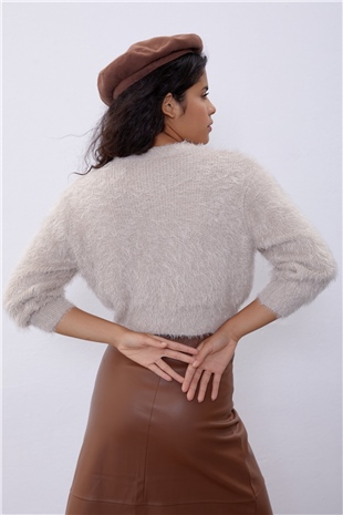 Beige Long Sleeve Fluffy Knit Sweater SWK4499BJ