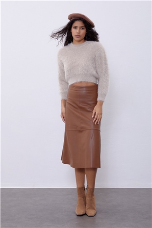 Beige Long Sleeve Fluffy Knit Sweater SWK4499BJ