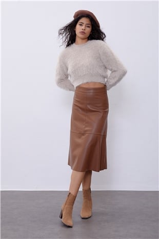 Beige Long Sleeve Fluffy Knit Sweater SWK4499BJ