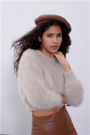 Beige Long Sleeve Fluffy Knit Sweater SWK4499BJ