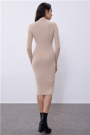 Beige Long Sleeve Half Turtleneck Midi Knit Dress SWD4506BJ