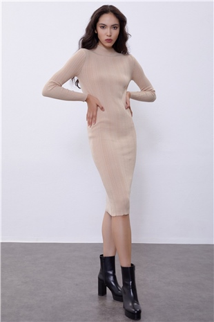 Beige Long Sleeve Half Turtleneck Midi Knit Dress SWD4506BJ