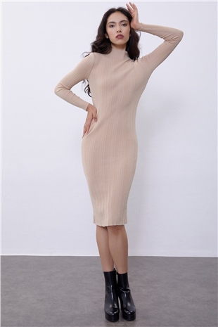 Beige Long Sleeve Half Turtleneck Midi Knit Dress SWD4506BJ