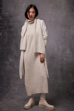 Beige Slit Detailed Turtleneck Knit Dress SWD4485BJ