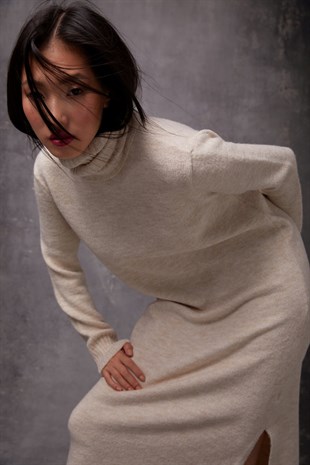 Beige Slit Detailed Turtleneck Knit Dress SWD4485BJ