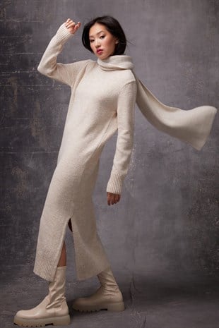 Beige Slit Detailed Turtleneck Knit Dress SWD4485BJ