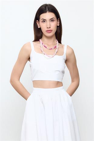 Beyaz %100 Cotton Askılı Crop
