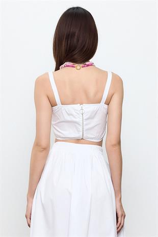 Beyaz %100 Cotton Askılı Crop