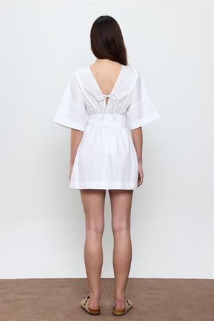 Beyaz %100 COTTON BELİ KEMERLİ MİNİ ELBİSE