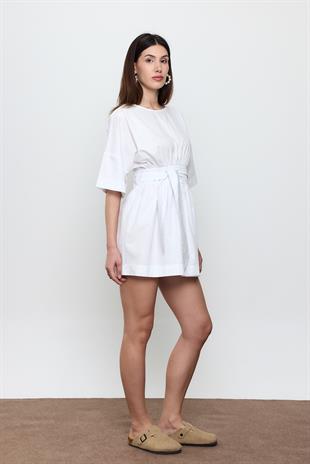 Beyaz %100 COTTON BELİ KEMERLİ MİNİ ELBİSE
