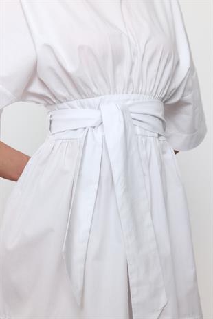 Beyaz %100 COTTON BELİ KEMERLİ MİNİ ELBİSE