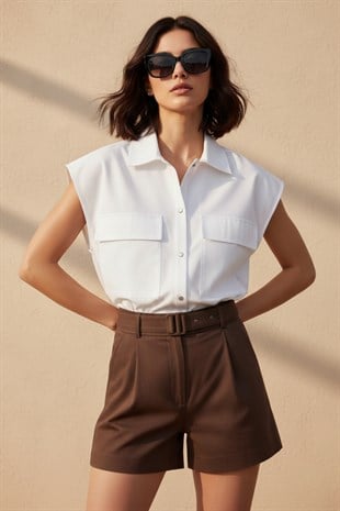 BEYAZ %100 COTTON CEPLİ BLUZ