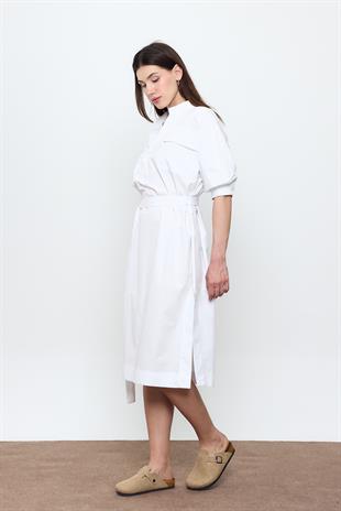 Beyaz %100 Cotton Midi Boy Gömlek Elbise