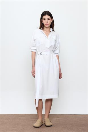 Beyaz %100 Cotton Midi Boy Gömlek Elbise