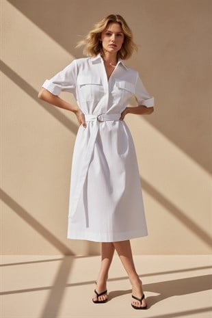 Beyaz %100 Cotton Midi Boy Gömlek Elbise