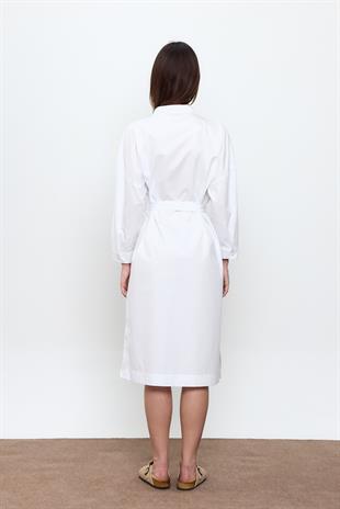 Beyaz %100 Cotton Midi Boy Gömlek Elbise