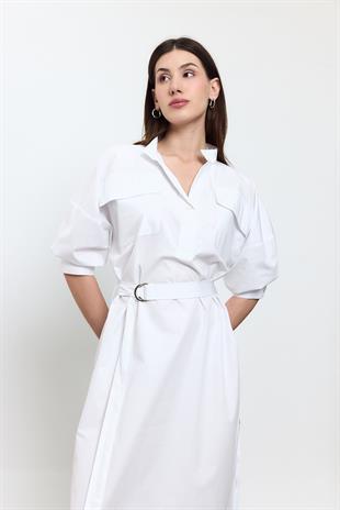 Beyaz %100 Cotton Midi Boy Gömlek Elbise