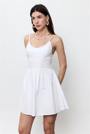 Beyaz %100 Cotton Midi Elbise