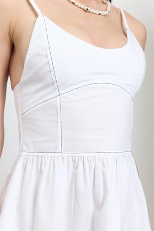 Beyaz %100 Cotton Midi Elbise