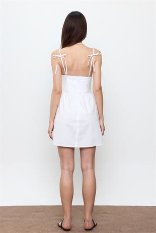 Beyaz %100 Cotton Midi Elbise
