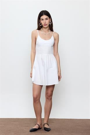 Beyaz %100 Cotton Midi Elbise