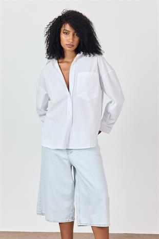Beyaz %100 Cotton Oversize Gömlek