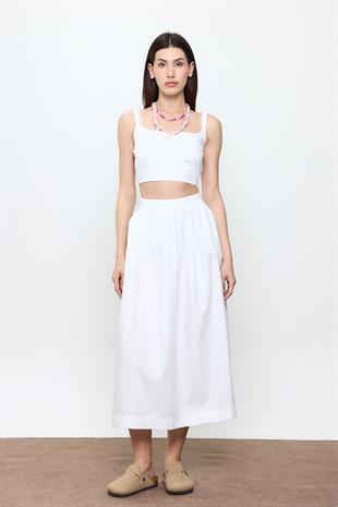 Beyaz %100 Cotton Volanlı Midi Etek