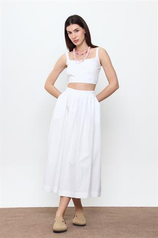 Beyaz %100 Cotton Volanlı Midi Etek