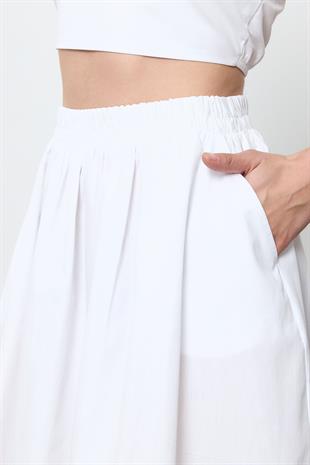 Beyaz %100 Cotton Volanlı Midi Etek
