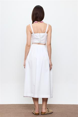 Beyaz %100 Cotton Volanlı Midi Etek