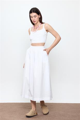 Beyaz %100 Cotton Volanlı Midi Etek