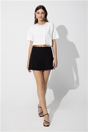 White crew neck embellishment detailed t-shirt SS23TE4729BE