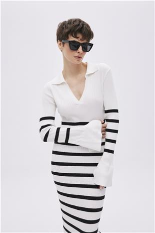White Striped Long Knitwear Dress