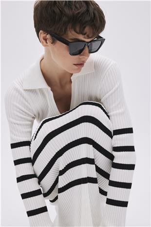 White Striped Long Knitwear Dress