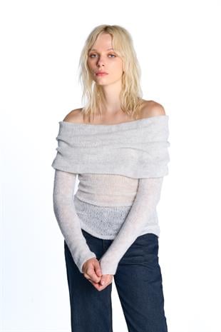 Gri Düşük Omuzlu Triko Bluz