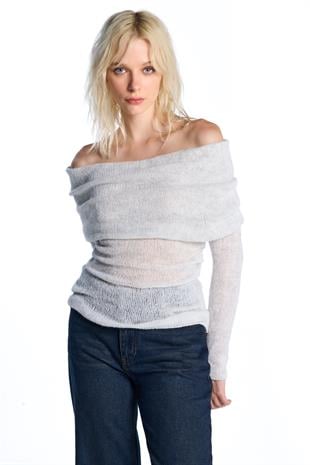 Gri Düşük Omuzlu Triko Bluz