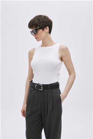 White Ribbed Knitwear Top