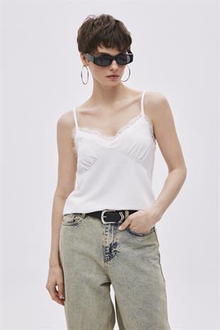 White Satin-Look Thin Straps Blouse