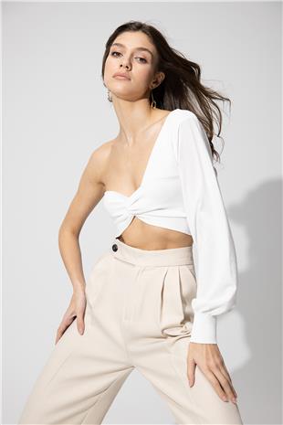 Ecru One Shoulder Balloon Sleeve Crop SWK4605EK