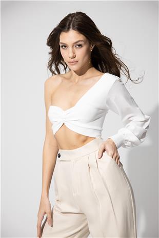 Ecru One Shoulder Balloon Sleeve Crop SWK4605EK