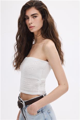 Beyaz Triko Büstiyer Top