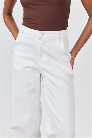 Beyaz Yüksek Bel Balon Jean