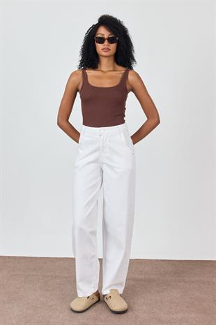 Beyaz Yüksek Bel Balon Jean