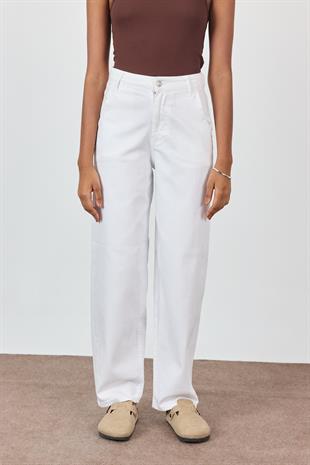 Beyaz Yüksek Bel Balon Jean