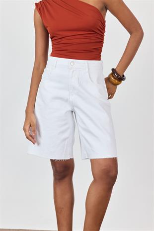 Beyaz Yüksek Bel Denim Bermuda