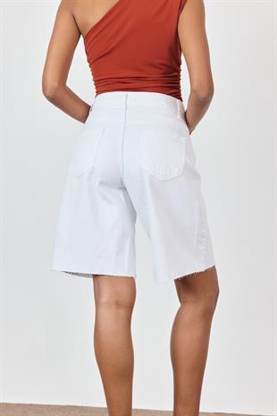 Beyaz Yüksek Bel Denim Bermuda