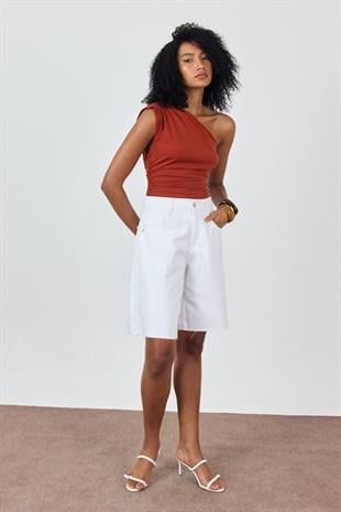 Beyaz Yüksek Bel Denim Bermuda